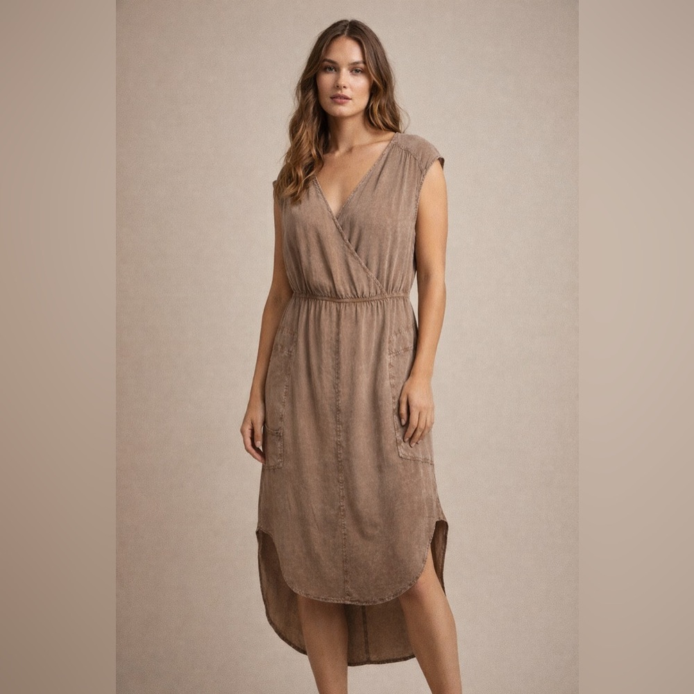 Anthropologie the Odells high low faux wrap rayon stone color dress pockets L
